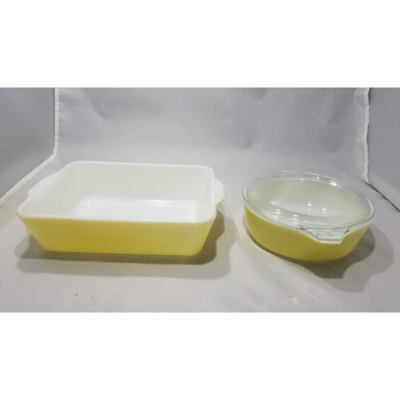 2 set of Yellow Round Pyrex 471, 1 pt Cassarole Baking Dish & Refrigerator Dish - Picture 2 of 12